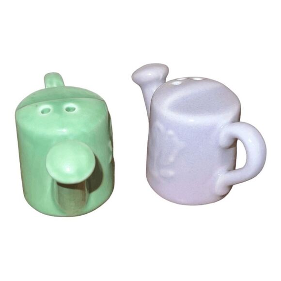 Miniature Ceramic Watering Can Salt and Pepper Shakers, Green and Purple - Picture 3 of 3